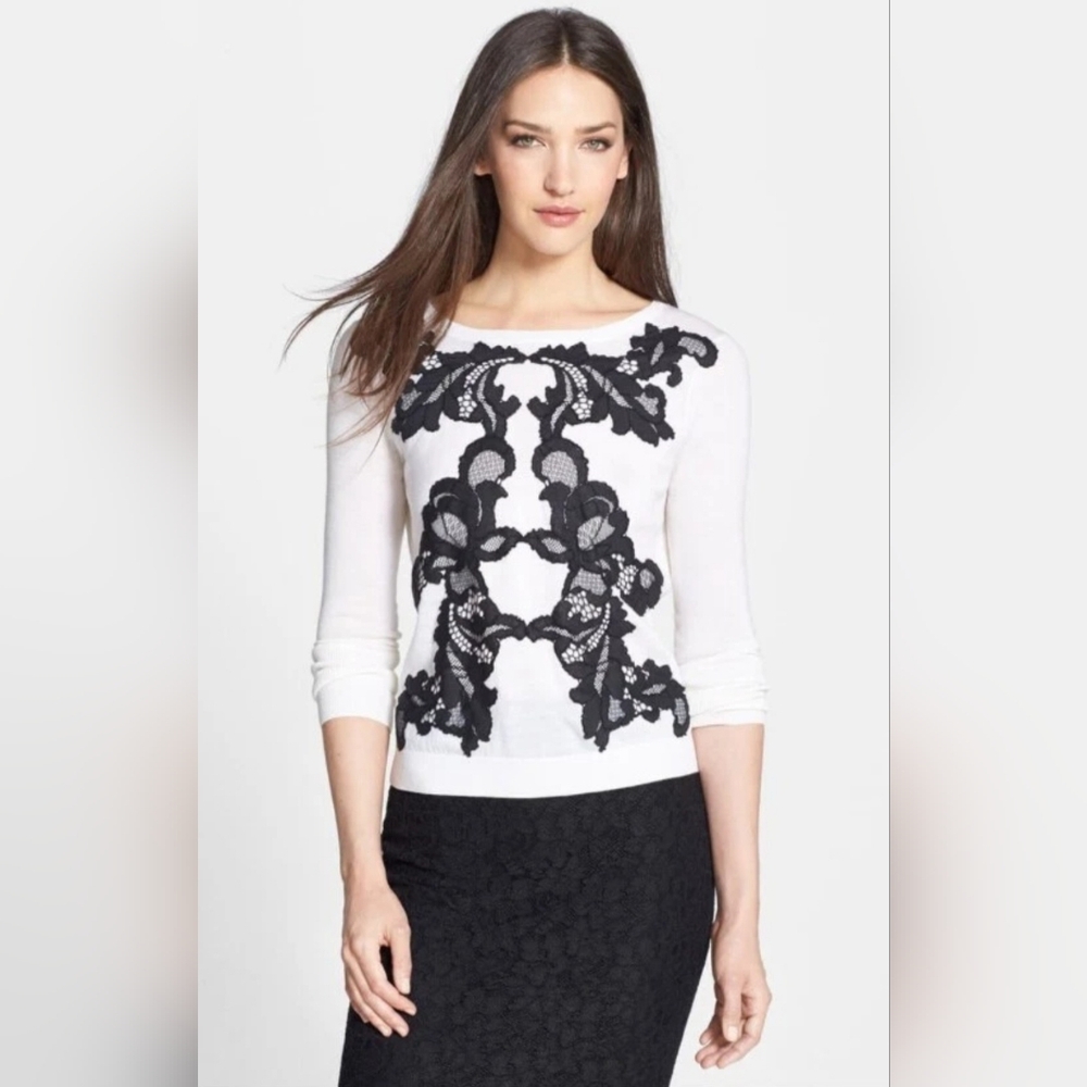 Diane von Furstenberg shara women L sweater embellished lace minimalist Preppy